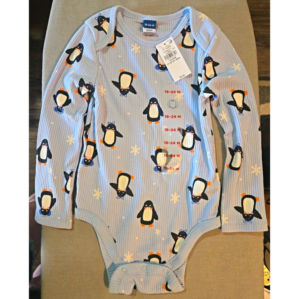Old Navy Blue Ribbed Penguin Animal Print One Piece Bodysuit 18-24M Long Sleeve